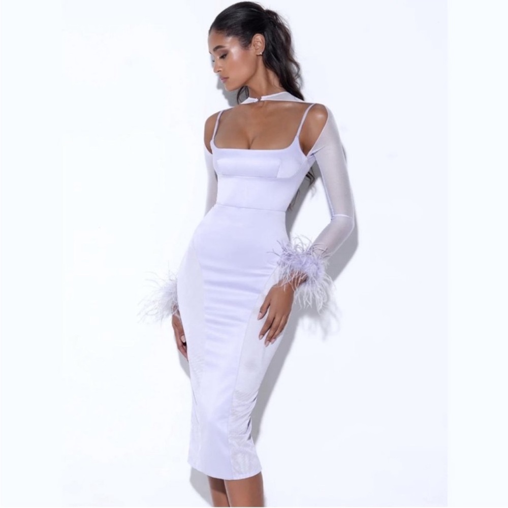 MISS CIRCLE Oaklie Silver Satin Mesh Sleeve Dress with Feather